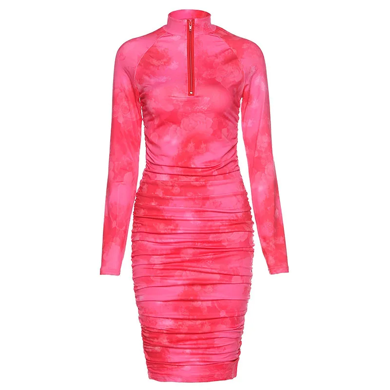 

U-CN spring new high quality print turtleneck bodycon midi dress woman 2020 casual high street pleated slim zipper dress mujer