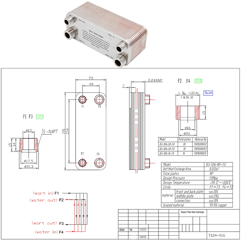 Homebrew Beer 20/30 тарелок чиллер GH 1/2 &quotNPT порты теплообменник из нержавеющей стали 304