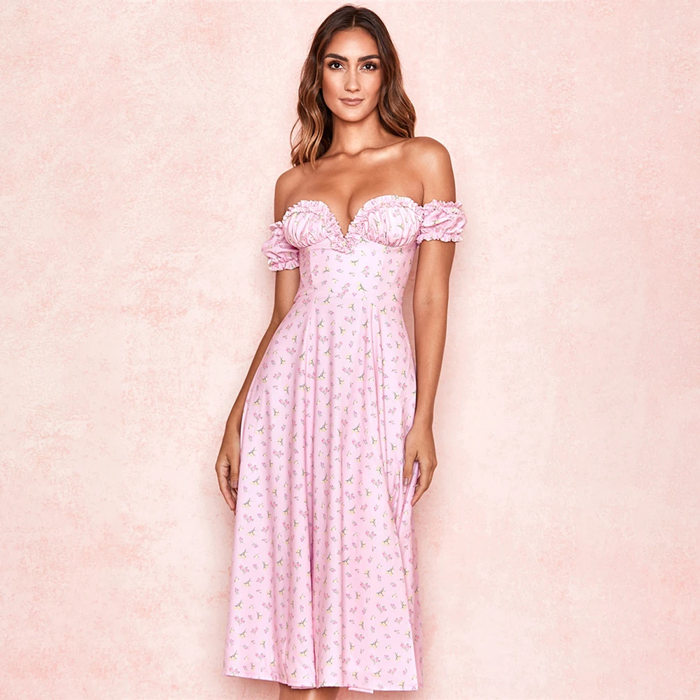

2020 Summer New Arrival Streetwear Strapless Floral V-neck Short Sleeve High Waist Irregular Ruffle Pink Dress Women Vestitos