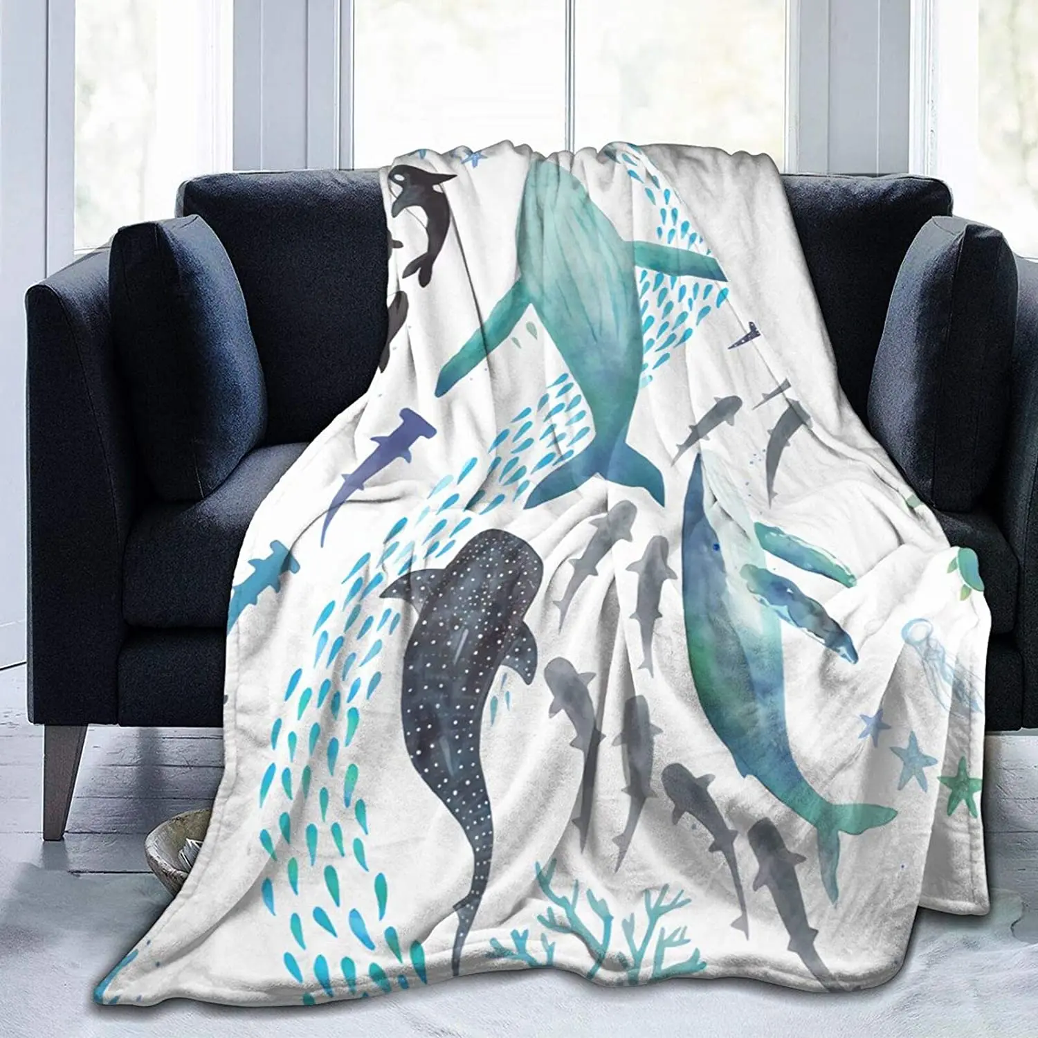 

Funny Throw Blanket, Sharks, Humpback Whales, Orcas urtles Ocean Blankets for All Seasons, Quality Air Conditioning Blanket