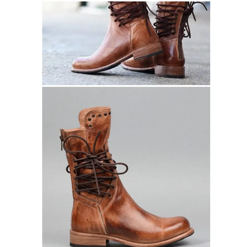 

Women Leather Mid Calf Boots Retro Punk Lace-Up Low Heels Autumn Winter Motorcycle Boots Vintage Round Toe Cowboy Western Boots