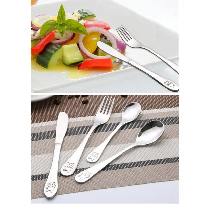 

4pcs/set Baby Teaspoon Spoon Food Feeding Fork Knife Utensils Set Stainless Steel Kids Learning Eating Habit Children Tableware