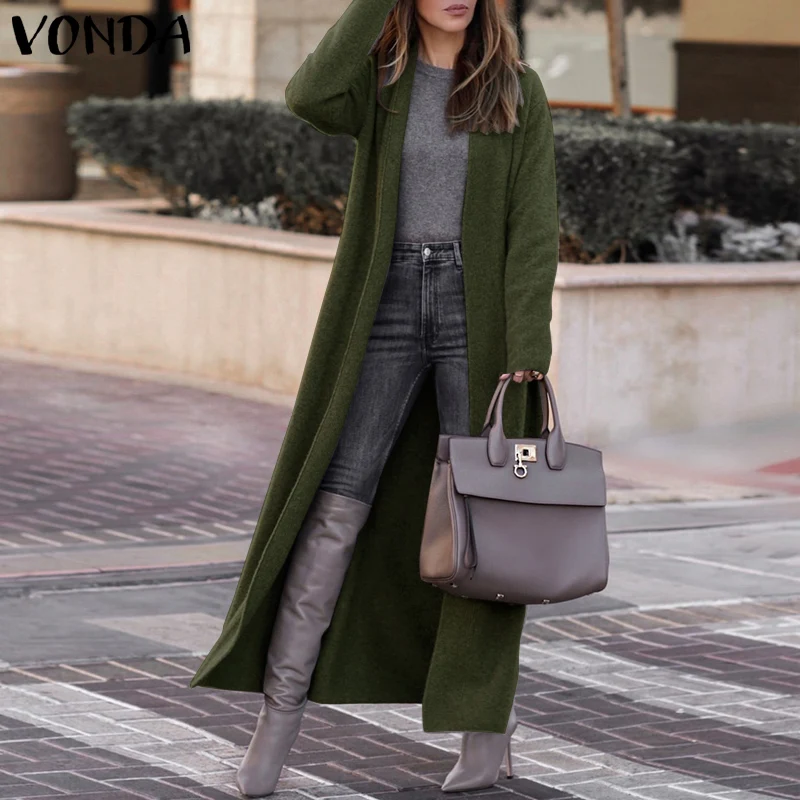 

Women Jackets VONDA 2021 Women's Cardigan Casual Solid Color Long Coats Outerwears Veste Femme Autumn Winter Long Sleeve Coats