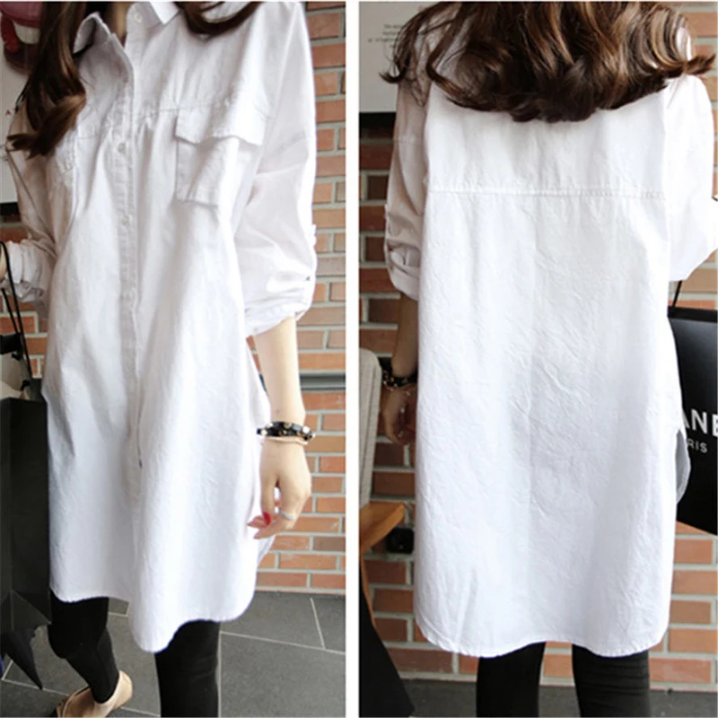 100% Cotton White Blouse Spring Korea Fashion Women Long Shirt Double Pocket Loose Casual Blouses Female Shirts Top Quality D378