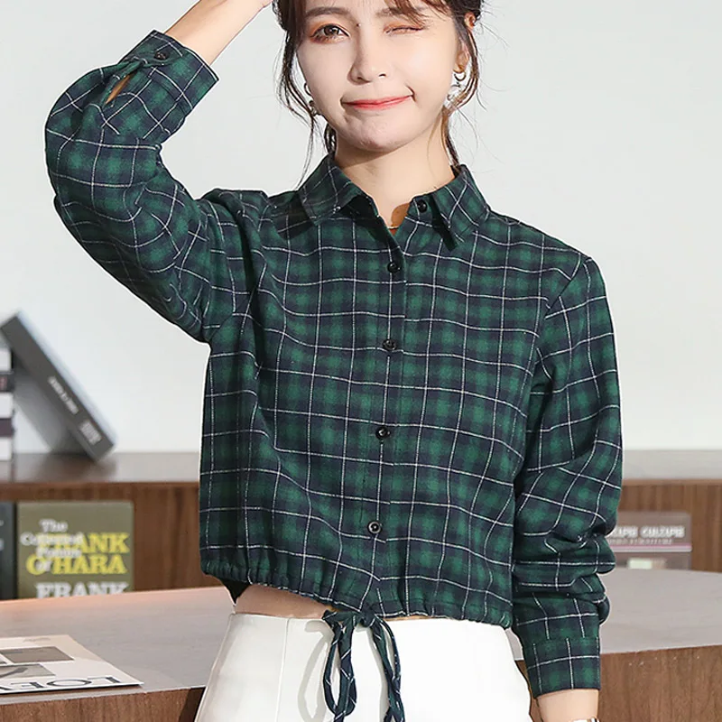 

Весна 2021 австралийская нишевая винтажная зеленая клетчатая женская футболка с подолом и завязкой на талии короткая футболка для женщин Кор...