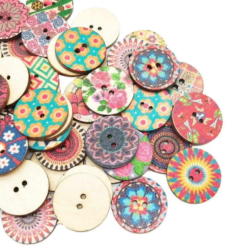

200 Pcs 25mm Hand-Painted Round Wooden Buttons Hand-Sewn Scrapbook Clothing DIY Crafts Accessories Gift Card Bohemian