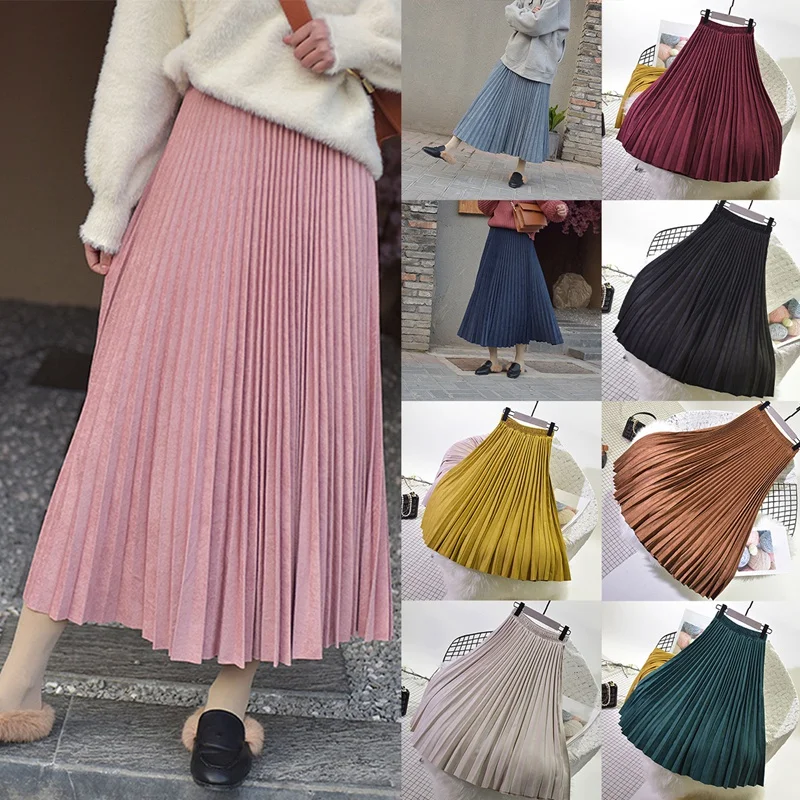 

2-Layer Spring and Autumn Women's Suede Skirt Long Pleated Skirt Retro Fashion Skirt