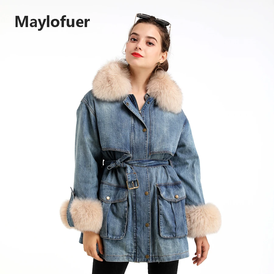 Новая женская синяя джинсовая куртка Maylofuer со съемной подкладкой воротник и манжеты из натурального Лисьего