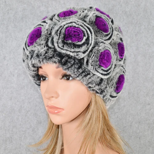 gray and purple Горячая Распродажа зимние женские вязаные натуральный настоящий мех кролика шапки женские теплые Настоящий мех кролика шапки Цветочные меховые шапочки - Цвет: gray and purple