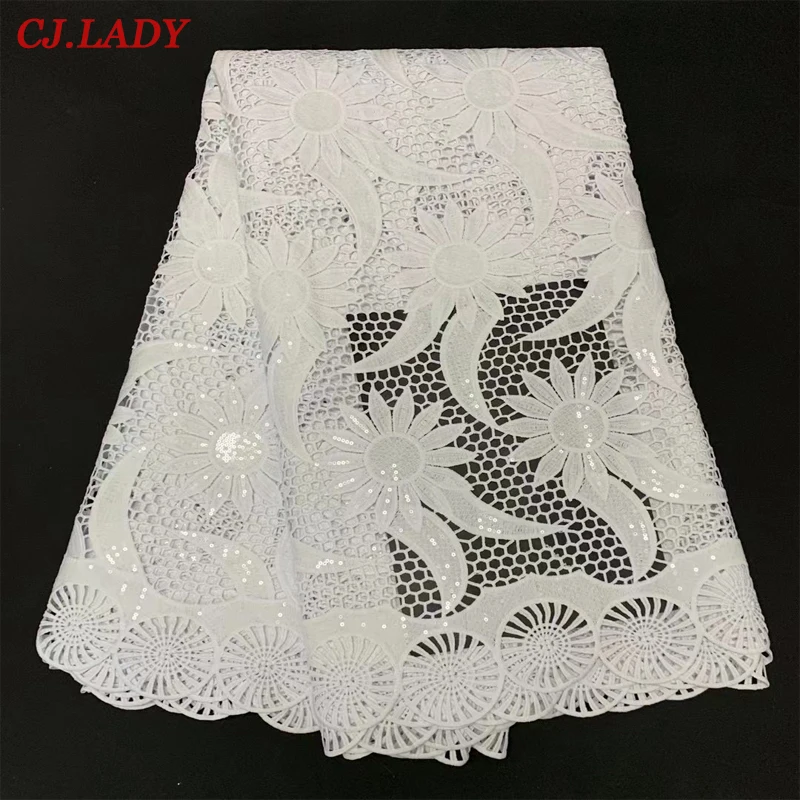 

White Sequence African Lace Fabric 2021 Swiss Lace Fabric 5 Yards Guipure Nigerian Lace Fabric High Quality For Wedding Dress B2