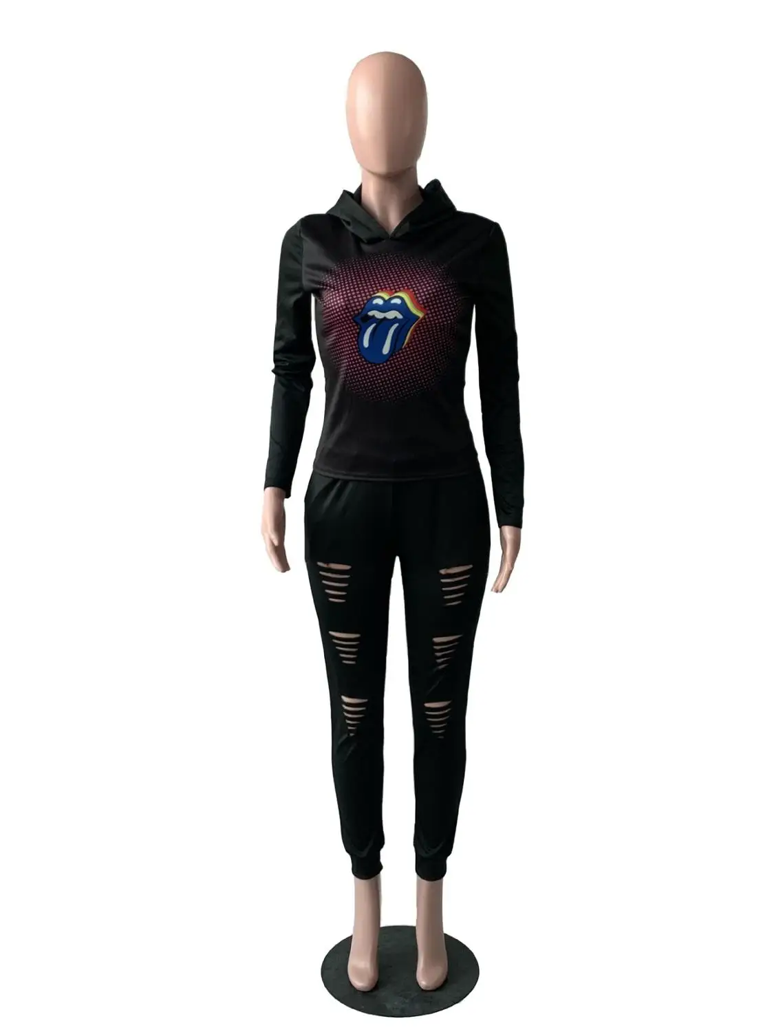 

2019 Autumn Black Casual Women Tracksuits Hooded Tongue Long Sleeve Top Hole Pants Plus Size Club Outfits Sport 2 Piece Sets