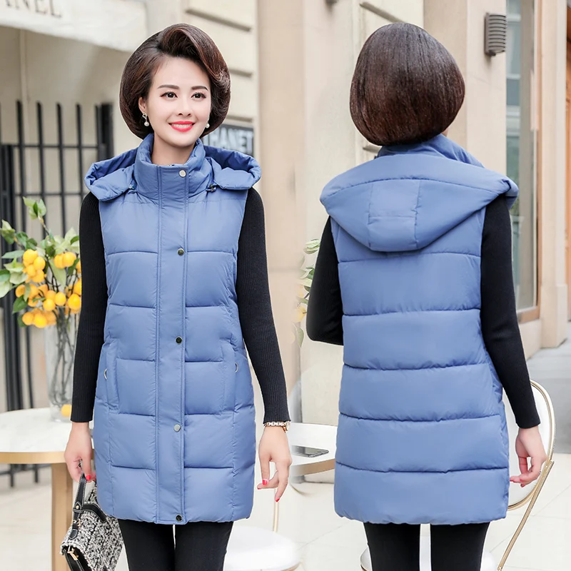 Женский жилет с капюшоном большого размера длинный осенне зимний со съемной