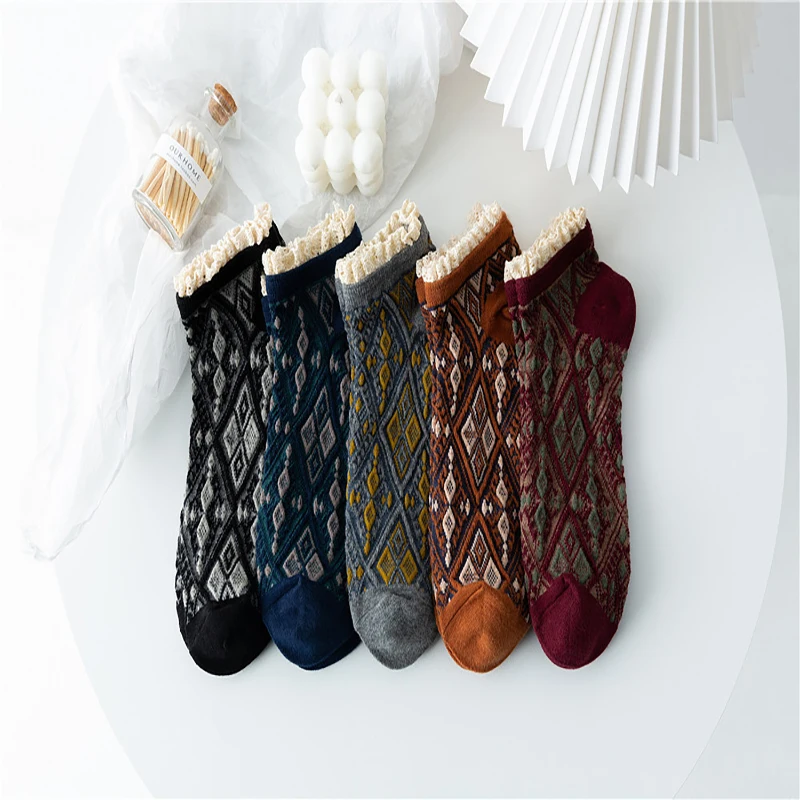 

Retro socks cotton ladies lace checked Japanese 2021 new style women's boat socks ethnic style socks