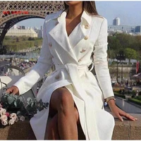 double breasted white trench coat women winter vintage jacket slim long trench female lapel solid office ladies trench dress ol
