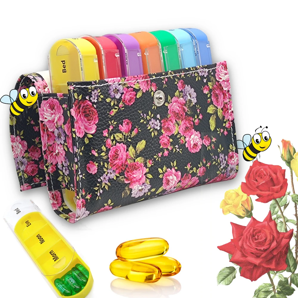 

7 Days Weekly Purse Pills Box with Rose Pattern Medicine Splitter Holder Organizer Plastic Waterproof Portable Container Case