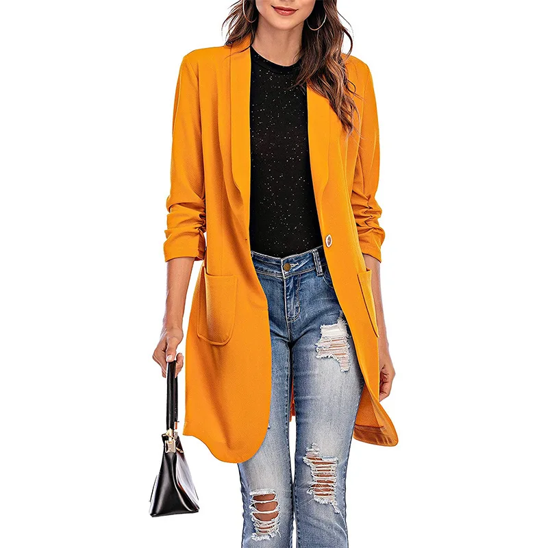 

New Autumn Winter Women's Coat Casual Solid Color Cardigan Button Jacket Elegant Fashion 3/4 Sleeve Mid-length Blazer Streetwear