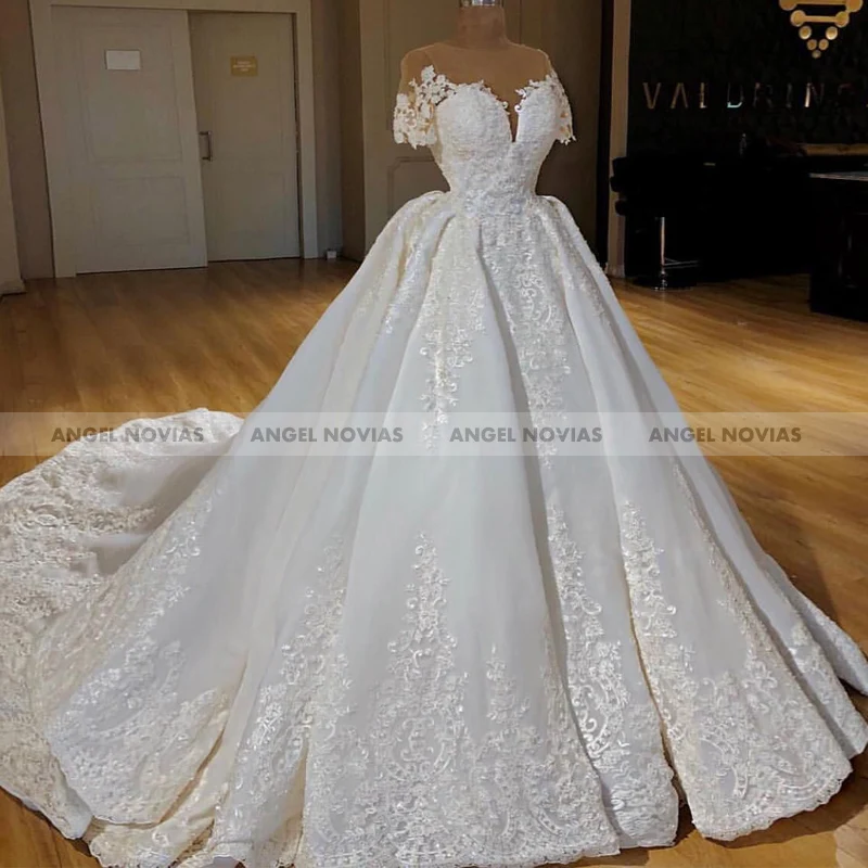

ANGEL NOVIAS Long White Puffy Ball Gown Arabic Wedding Dresses 2021 Court Train Vestido de Novia Bridal Gowns