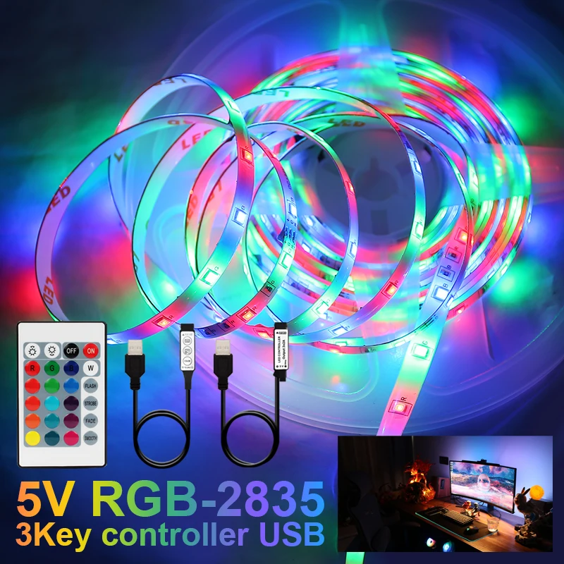 USB 2835 LED Strip Light DC5V RGB Lights Flexible Ribbon Tape Destop Screen TV Backlight Diode RGB 3Key IR Control Neon LED Lamp