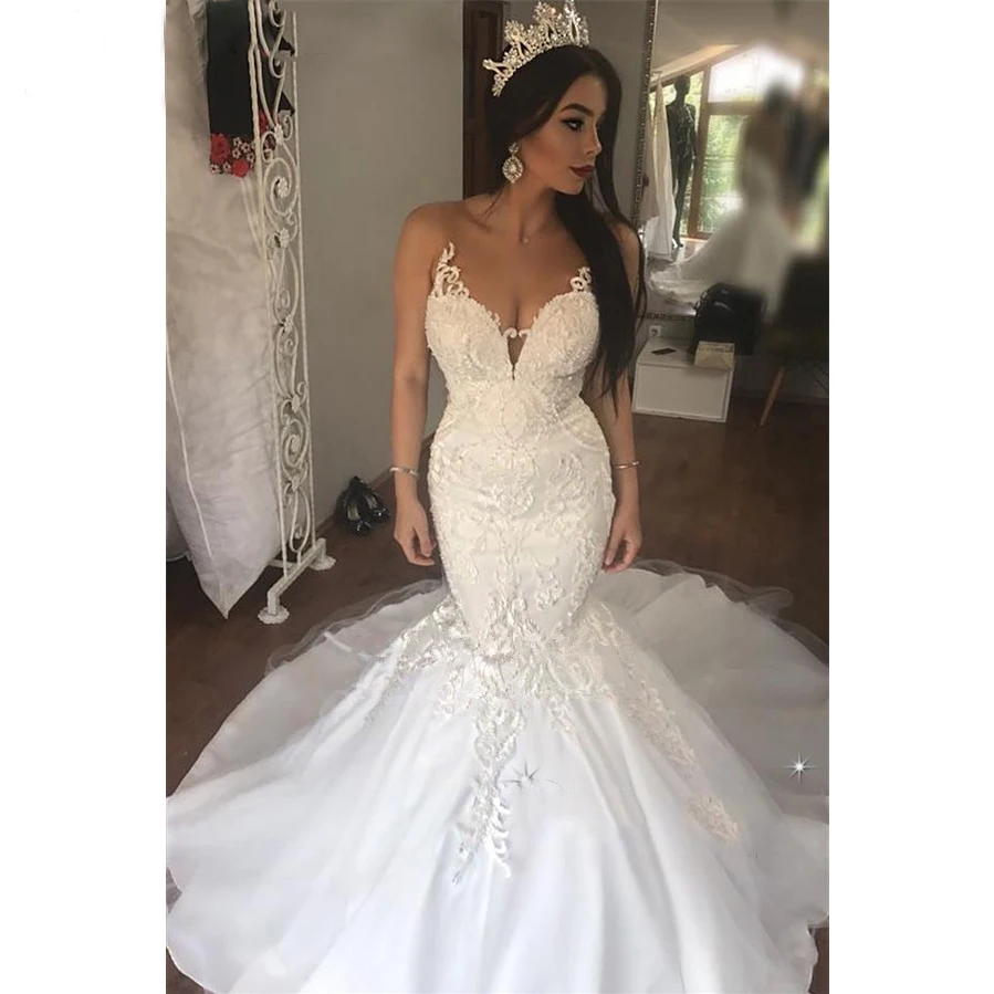 

Luxury Mermaid Wedding Dress for Bride Lace Appliques Spaghetti Strap Wedding Bridal Gowns Long Robe De Soirée De Mariage
