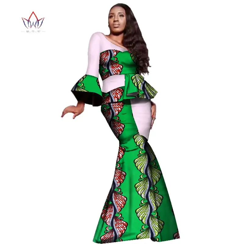 Africa Style Bazin Riche Dresses for Women Two Pieces Set Women Long Sleeve Tops and Long African Print Skirt Plus Size WY2423