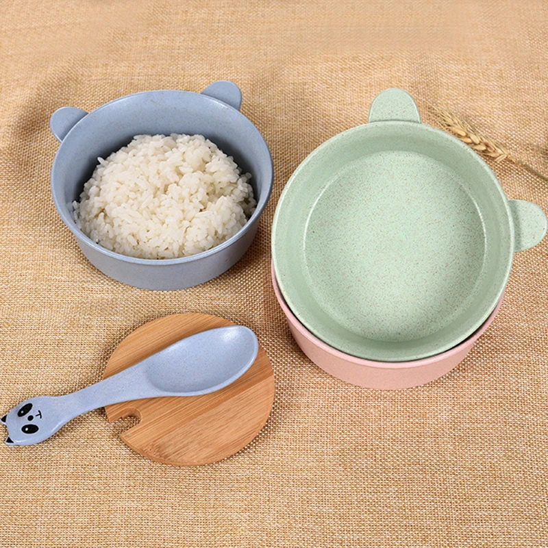 

2 Pcs/Set Baby Feeding Food Tableware Panda Wheat Straw Dishes Eco-Friendly Children Training Dinnerware Plate Bowl Spoon Set