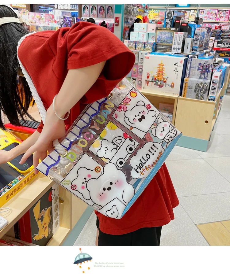 

Japanese Lovely Cartoon Print Handbag Women PVC Waterproof Shoulder Bag Beach Bag Summer New Girls Transparent Jelly Bag Bolso