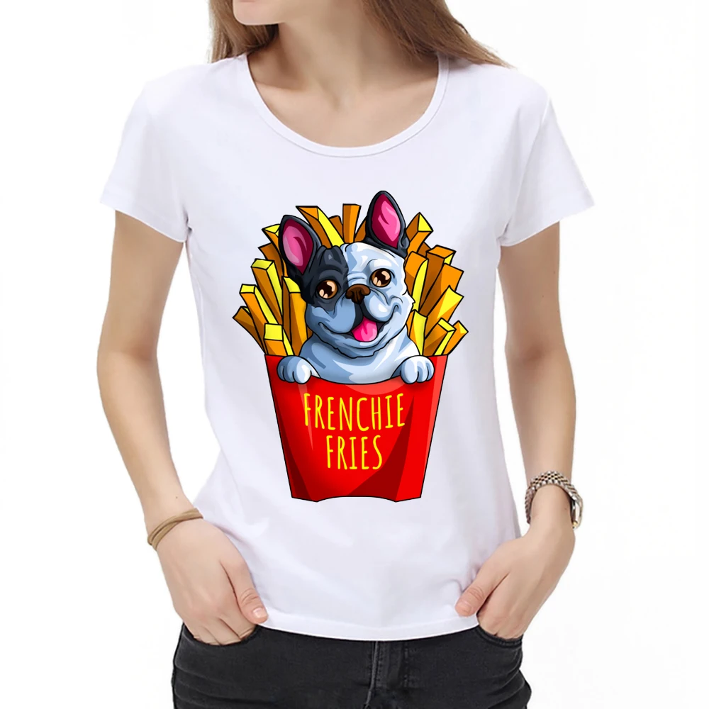 

New Summer Cute Women Short Sleeve Frenchie Fries Fanatics Funny French Bulldog Print T-Shirt White Casual Top Dog Cool girl Tee