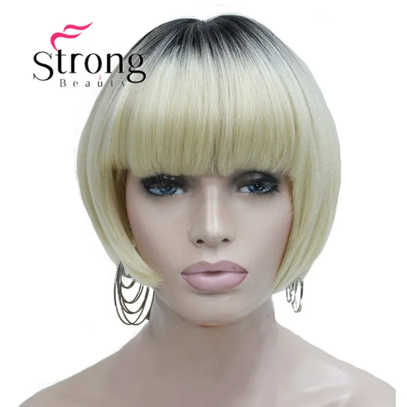 StrongBeauty Аккуратные взрыва короткий Боб Стиль парик блонд Омбре и темный корень синтетический натуральный полный парики