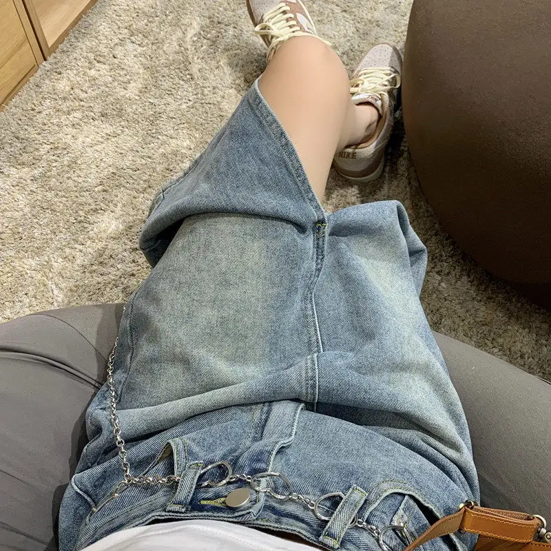 

2021 New Arrival Summer Korean Style Women Casual A-line Mid-calf Skirt High Waist Split Design Cotton Denim Skirts P59