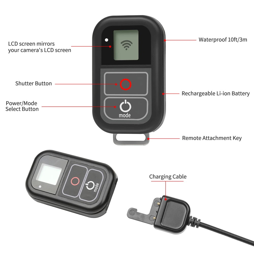 Водонепроницаемый пульт дистанционного управления SHOOT для GoPro 8 с кабелем