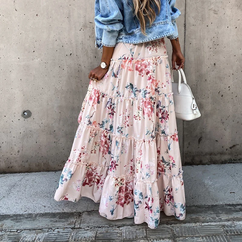 

Summer High Waist Irregular Skirts Floral Print Women Elastic Waist Ruffles Long Skirt 2021 New Casual Boho Beach