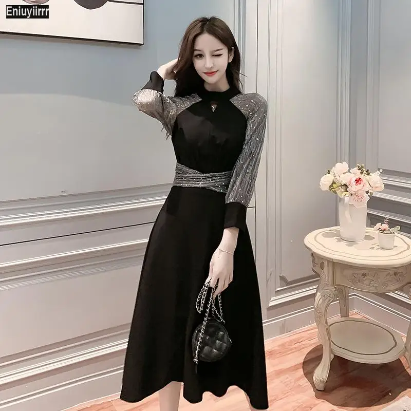 

2020 Night Black Stand Contrast Sequin Mesh Sleeve Flare Dress Sexy Women Autumn Winter Basic Glamorous Party A Line Dresses