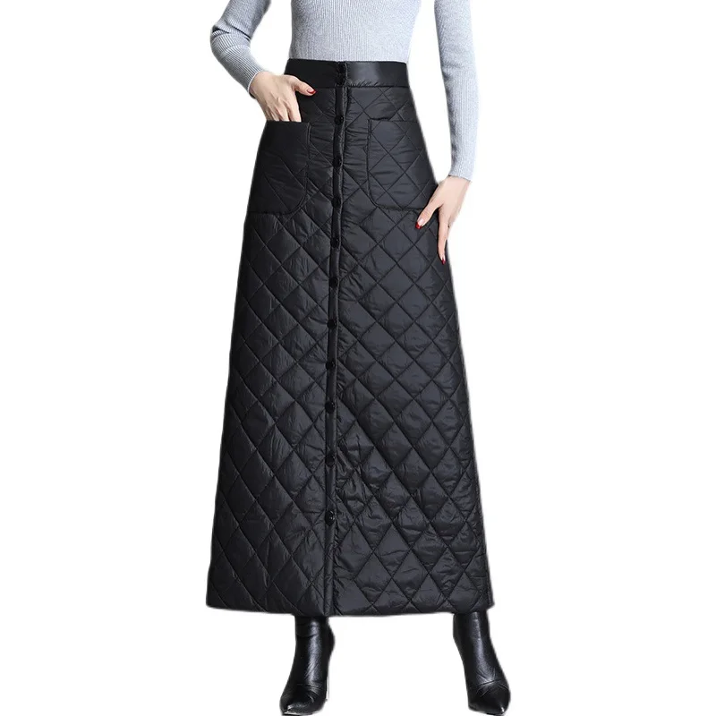 

2022 Autumn Winter Korean Fashion Quilted Skirt Women High Waist Cotton Long A-Line Oversize Long Black Skirt Plus Size 5xl