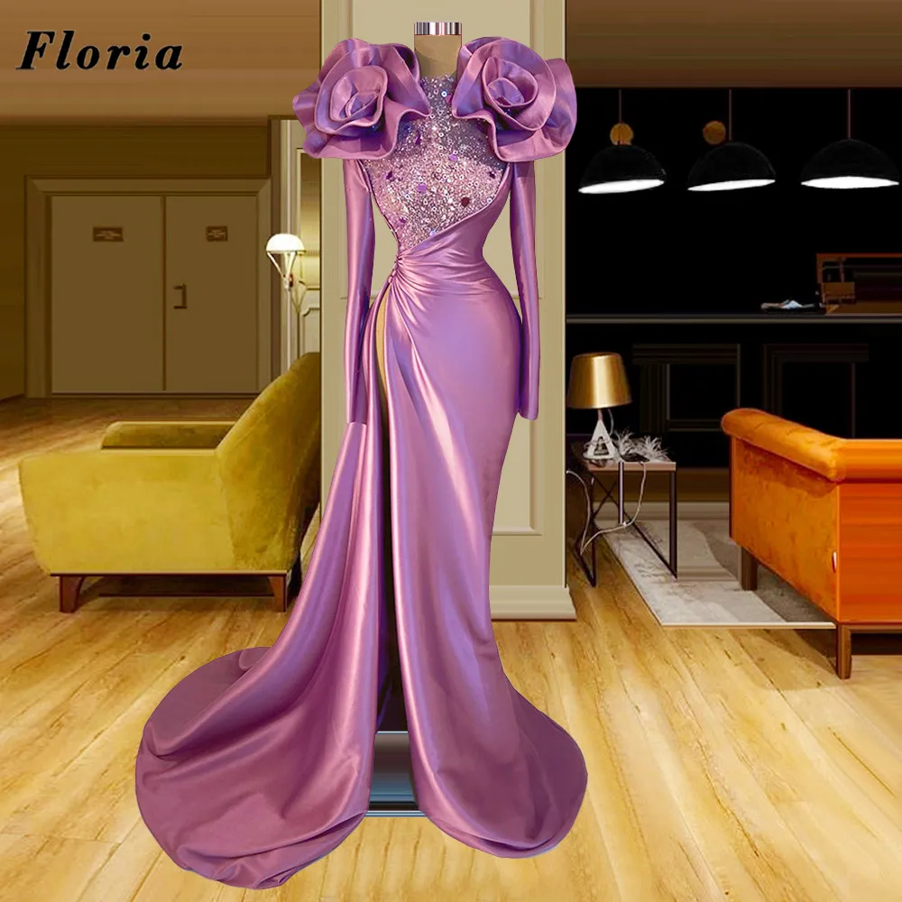 

Floria Sexy High Split Evening Gowns With Beaded Satin Arabic Dubai Long Sleeves Prom Party Dresses 2022 Robes De Soiree Long