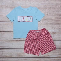 2021 new style cotton baby boys suit blue embroidered short sleeves and red and white checked shorts children%e2%80%99s clothing