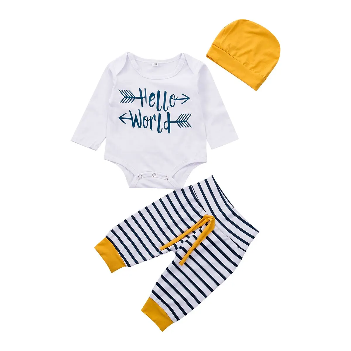 

0-18M Baby Clothes Sets Newborn Baby Girls Boy Romper Long Sleeve Jumsuit + Striped Long Pants + Hat 3PCS Cotton Casual Outfits