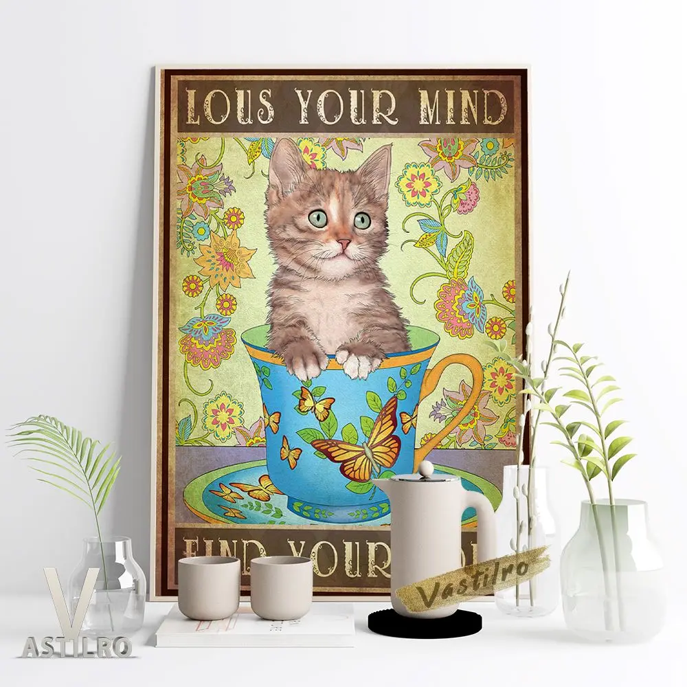 

Profusion Textures Pattern Teacup Lovely Cat Poster Rich Colors Art Print Wall Picture Love Cat Gift Idea Retro Room Home Decor