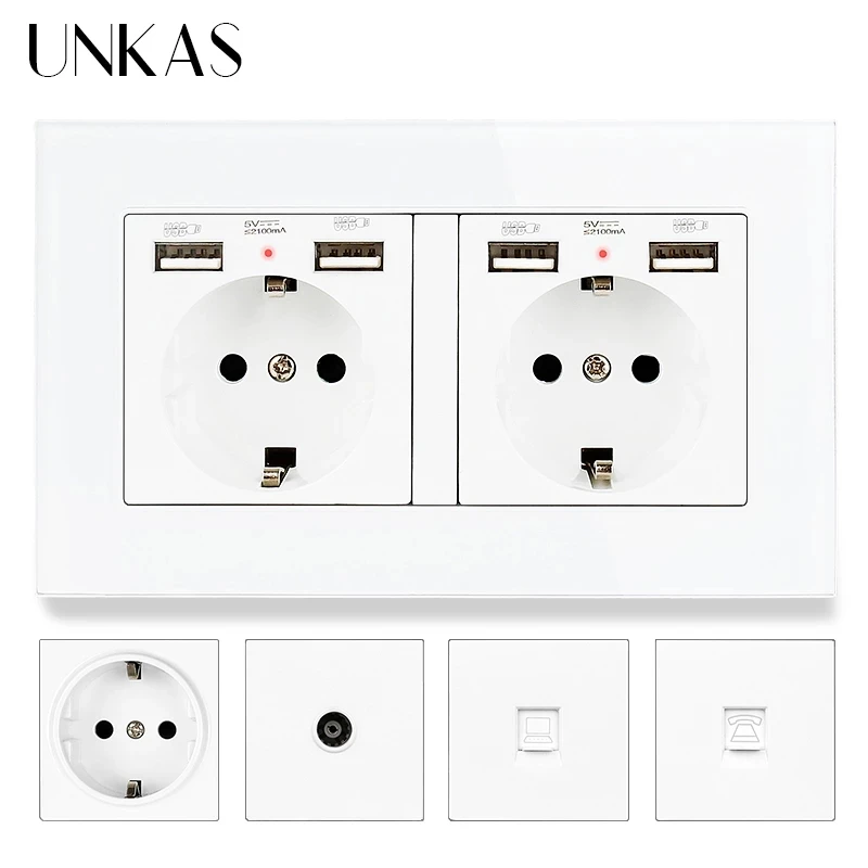 Белая стеклянная панель UNKAS европейская французская розетка с двумя USB-портами +