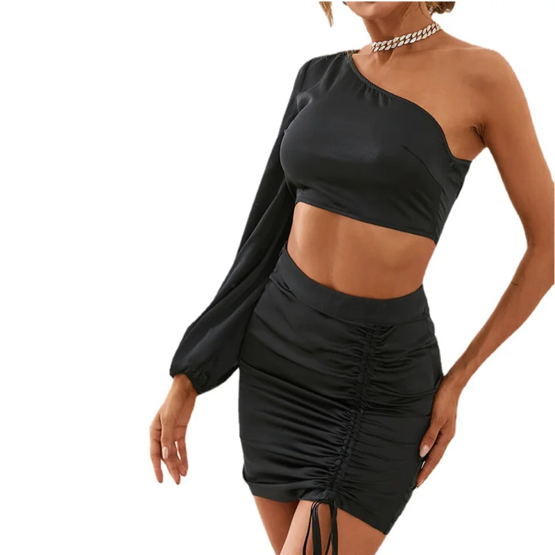 

2021 New Summer Women's Dress Suits Female Navel Irregular Sexy Slim Temperament Short Outfit 2-Piece Crop Tops+Mini Skirt Suit