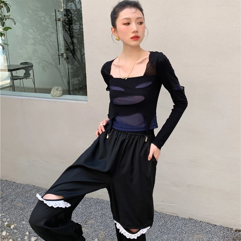 

Korejepo Women Cargo Pants 2021 Summer Sweet Casual Hollow Lace Patchwork Workwear Drawstring Suit Ankle-Length Pants Thin Drape