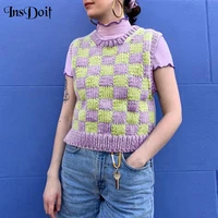 insdoit gothic harajuku plaid knitted sweater women sexy sleeveless purple vest crop top autumn punk aesthetic e girl sweaters