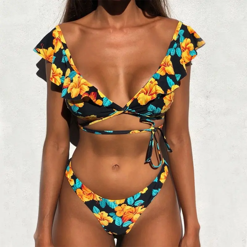 

Hot Sexy Bikini Set Off The Shoulder Print Ruffled Bikini 2021 New Swimwear Women Swimsuit
