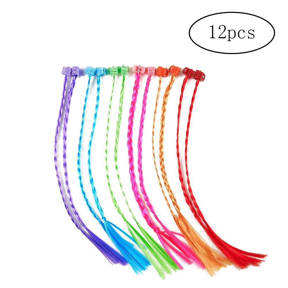 

12 PCS Children Colorful Nylon Hair Braid 28cm Hair Extensions Attachments with Neon Clip for Birthday Party Favors
