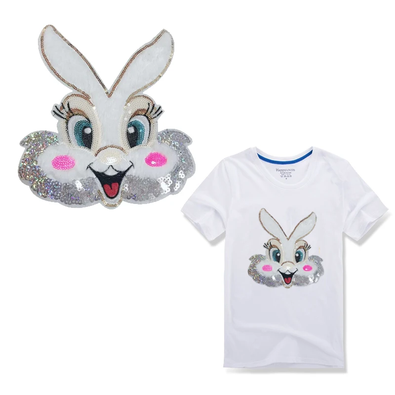 Cute Easter Rabbit Sequin big Patch Badges Iron on Patches for Clothing for Kids Stripe Stickers Embroidered Patches on Clothes