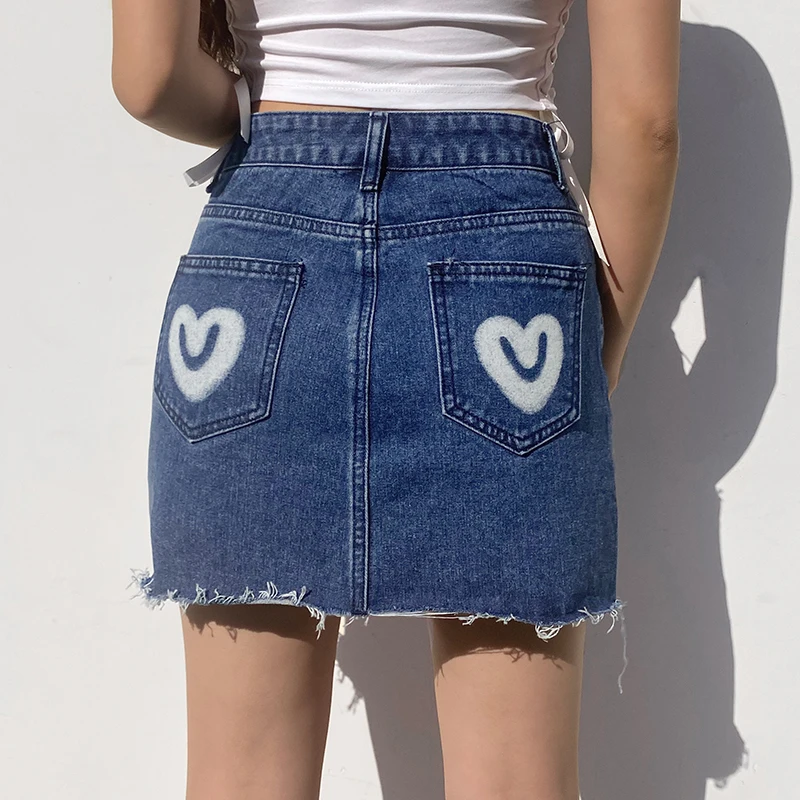 

Fashion Women Skirt Heart Graffiti Printed Mini Skirt High Waist Wild Casual Sexy Frayed Hem A-Line Stylish Denim Pencil Skirt
