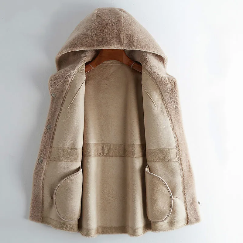 

2020 Winter Coat Women Warm Genuine Wool Fur Hooded Collar Coat Lady Coat Jacket Loose with Belt Parka Coats Woman Jacket L61