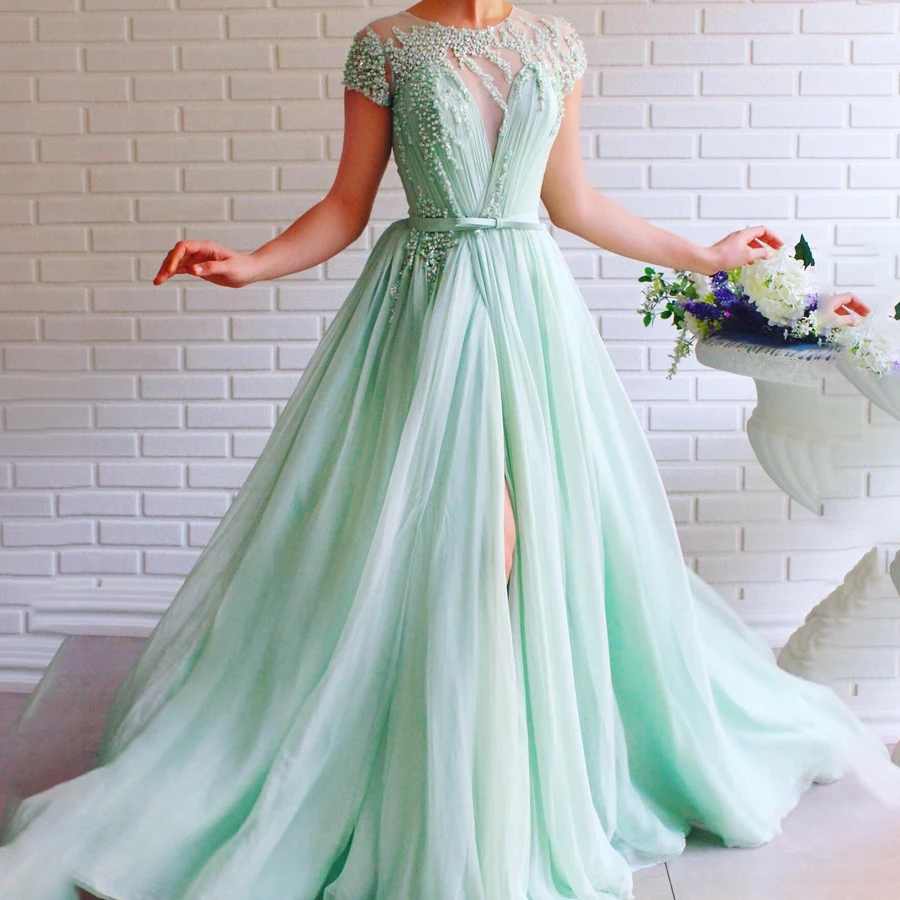 

Short Sleeves with Beading Mint Green Sexy Evening Dress Front Slit Sexy Elegant Prom Dress occasion dresses for women
