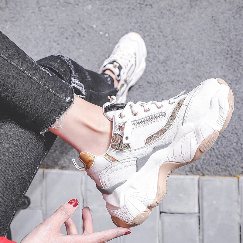 LMCAVASUN/блестящие женские кроссовки; модные zapatillas mujer; Повседневная дышащая обувь из натуральной кожи; женские кроссовки на массивном каблуке; chaussure