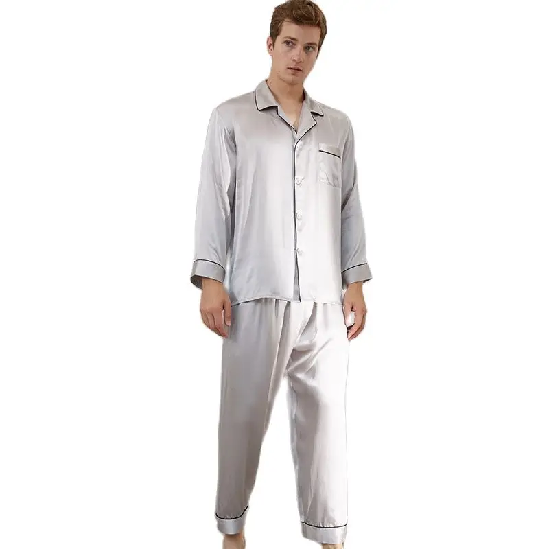 Men's Long Sleeve Trousers Silk Pajamas Set Summer 100% Mulberry Silk Home Clothes AvailableM Ale