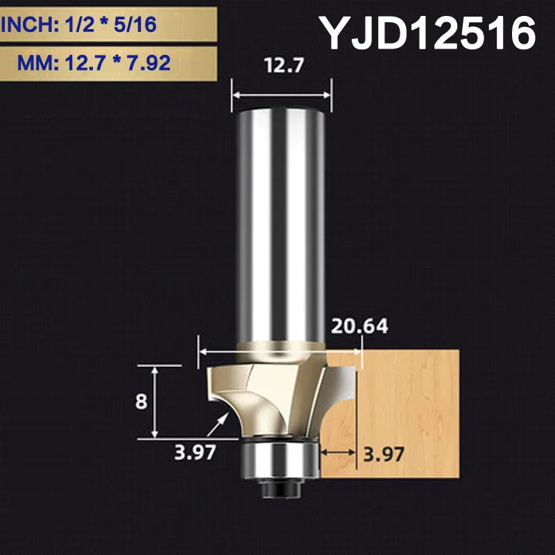 YJD12516 Tideway круглая фреза для отделки кромки бит 1/" хвостовик для деревообрабатывающего инструмента 2 Флейта концевая фреза с подшипником Фрезерный резак Угловой - Длина режущей кромки: YJD12516